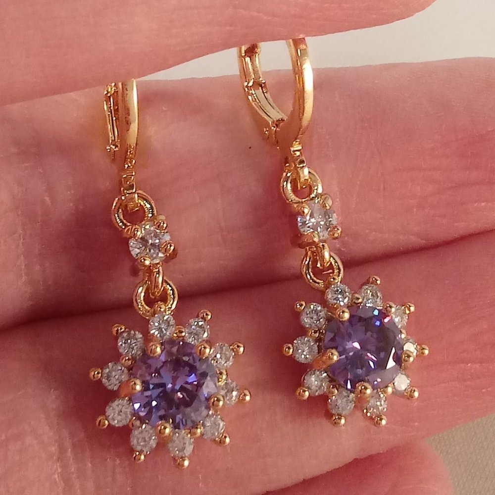 18K Yellow Gold Filled Flower Ameythyst Purple Diamond Zircon Earrings Gorgeous